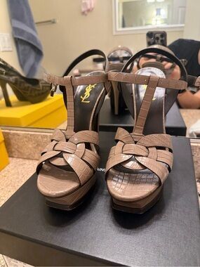 Yves Saint Laurent Taupe Croc-Embossed T-Strap Platform Heels